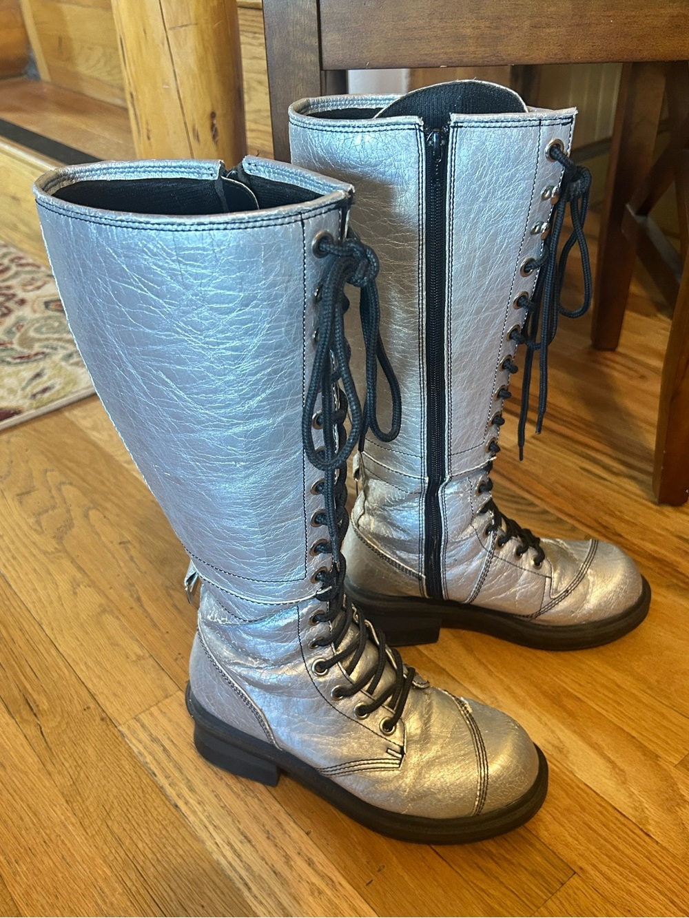 NaNa Metallic Silver Lace-Up Knee Boots - Punk 1980s Halloween Rockstar Vintag